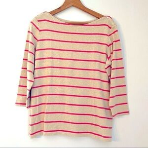 Lands’ End Oatmeal Tan Coral Pink Striped Boatneck Tee L 14-16